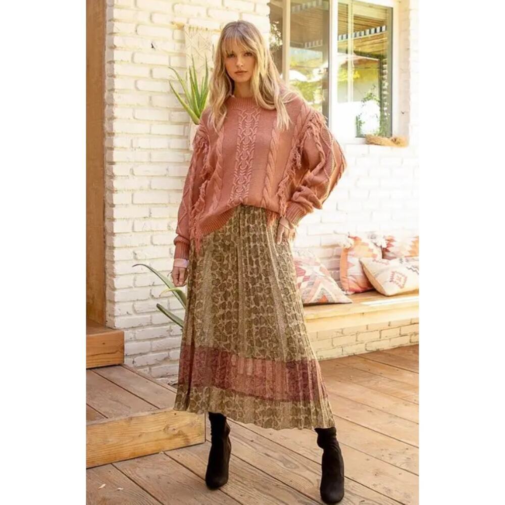 Boho Tiered Midi Skirt Earth Tone Floral Flowy Size Small